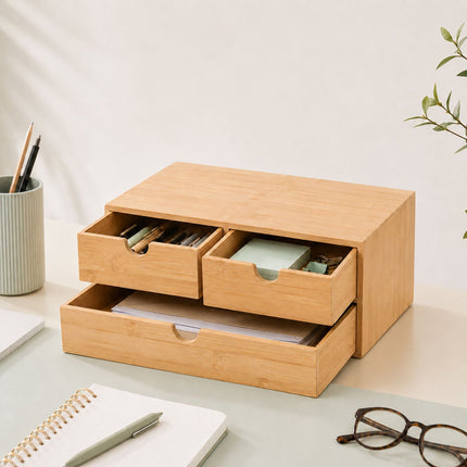 Bamboo Drawer Box Desk Organiser with 3 Drawers, 13.5 x 33 x 21 cm, Natural