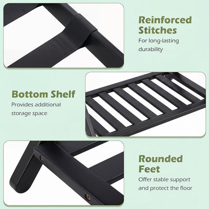 Bamboo Folding Luggage Rack with Straps and Shelves