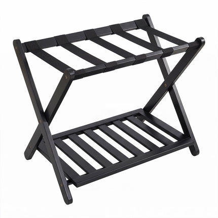 Bamboo Folding Luggage Rack with Straps and Shelves