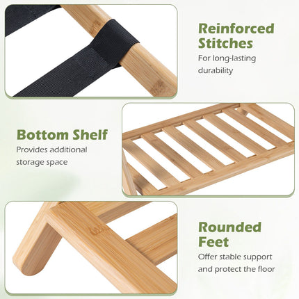 Bamboo Folding Luggage Rack with Straps and Shelves