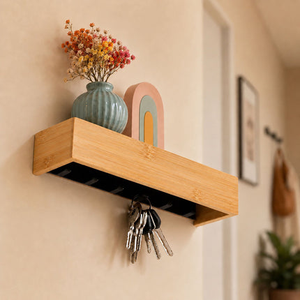 Bamboo Key Rack with 6 Hooks and Shelf – Natural Finish