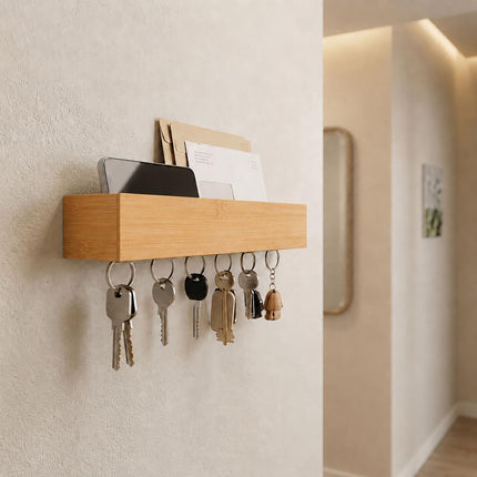 Bamboo Key Rack with 6 Hooks and Shelf – Natural Finish