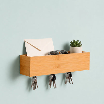 Bamboo Key Rack with 6 Hooks and Shelf – Natural Finish