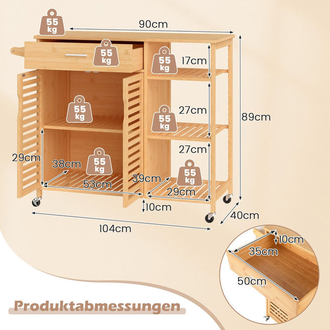 Bambus Küchenwagen mit Schublade und Rollen, 104x40x89 cm