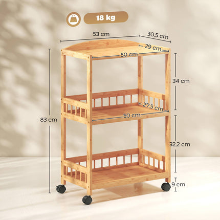 Bamboo Kitchen Cart with Wheels – 3 Shelves, Natural Wood