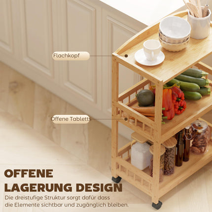 Bamboo Kitchen Cart with Wheels – 3 Shelves, Natural Wood