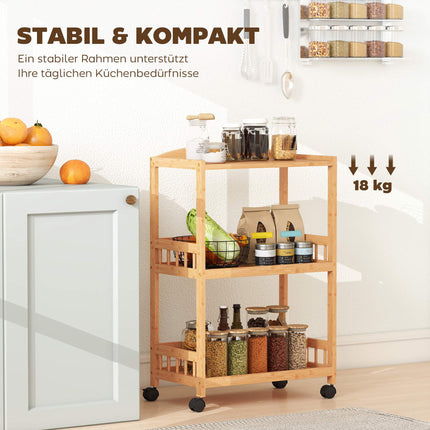 Bamboo Kitchen Cart with Wheels – 3 Shelves, Natural Wood