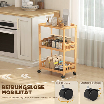 Bamboo Kitchen Cart with Wheels – 3 Shelves, Natural Wood