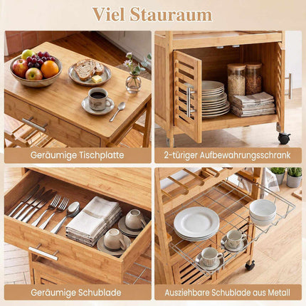 Bamboo Kitchen Island Trolley with Storage Cabinet & Wine Rack