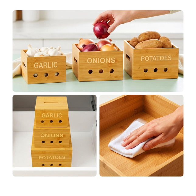 Bambus Küchen-Vorratsdosen-Set – Kartoffel, Zwiebel, Knoblauch
