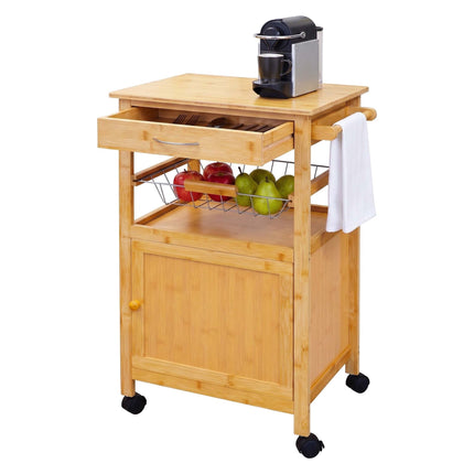 Bamboo Kitchen Trolley with Cabinet, Drawer and Basket, 81 x 47 x 36 cm