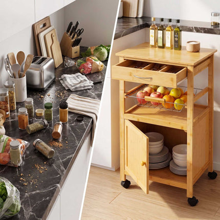 Bamboo Kitchen Trolley with Cabinet, Drawer and Basket, 81 x 47 x 36 cm