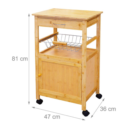 Bamboo Kitchen Trolley with Cabinet, Drawer and Basket, 81 x 47 x 36 cm