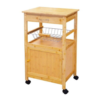 Bamboo Kitchen Trolley with Cabinet, Drawer and Basket, 81 x 47 x 36 cm