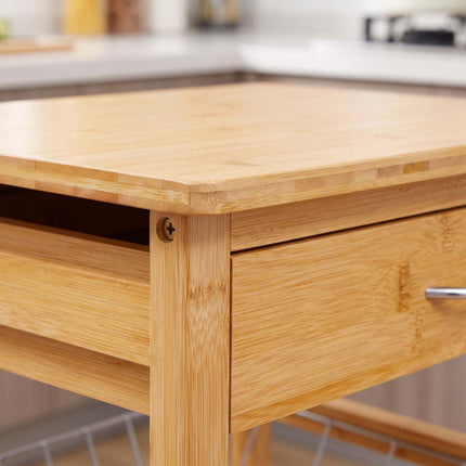 Bamboo Kitchen Trolley with Cabinet, Drawer and Basket, 81 x 47 x 36 cm