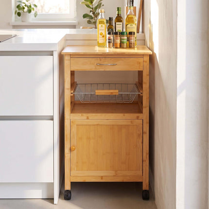 Bamboo Kitchen Trolley with Cabinet, Drawer and Basket, 81 x 47 x 36 cm