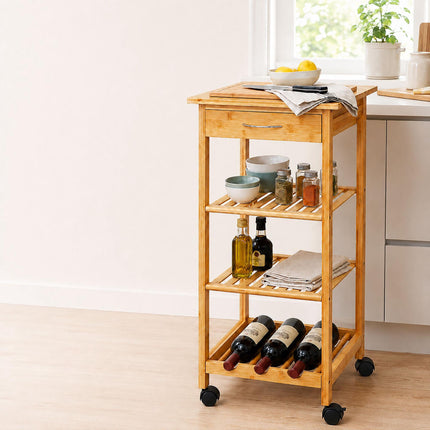 Bamboo Kitchen Trolley with Drawer and Wine Rack, 4 Shelves, 80 x 39 x 39 cm