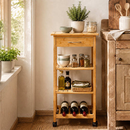 Bamboo Kitchen Trolley with Drawer and Wine Rack, 4 Shelves, 80 x 39 x 39 cm