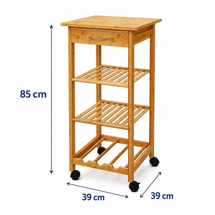Bamboo Kitchen Trolley with Drawer and Wine Rack, 4 Shelves, 80 x 39 x 39 cm