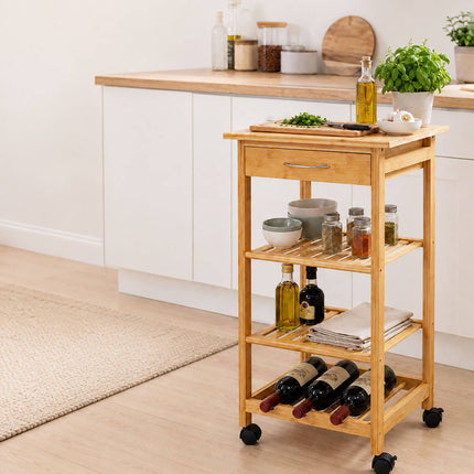 Bamboo Kitchen Trolley with Drawer and Wine Rack, 4 Shelves, 80 x 39 x 39 cm