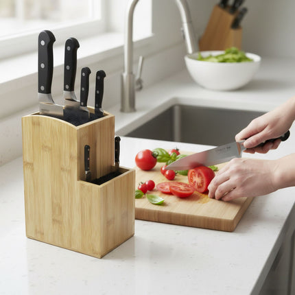 Bamboo Knife Block, 2-Tier Stand with Bristle Insert