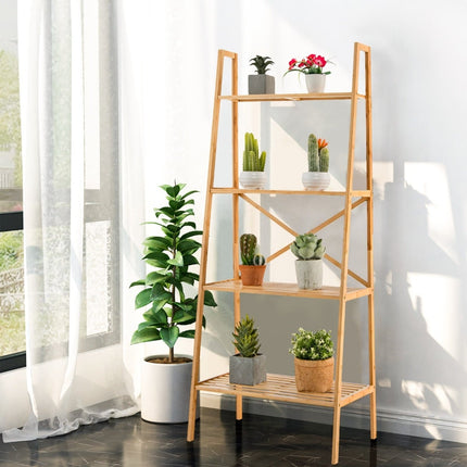 Bambus-Leiterregal mit Kippschutz, 4 Ebenen, 60x35,5x148 cm