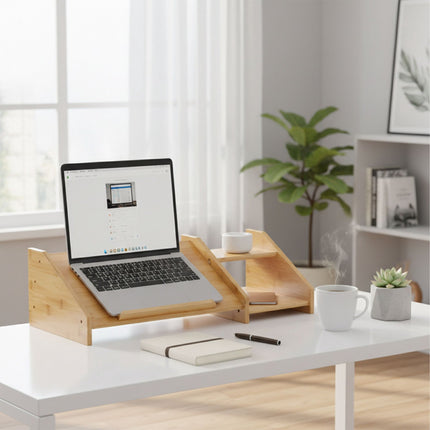 Bamboo Laptop Stand with Side Shelves for Desk