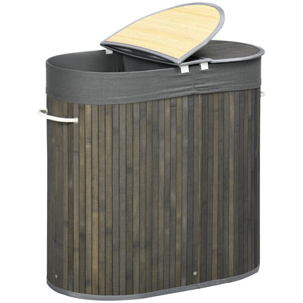 Bamboe wasmand met deksel 100L wasmand met handgrepen, 2 afneembare waszakken, wassorteerder, wasbox voor wasruimte, badkamer, slaapkamer, grijs
