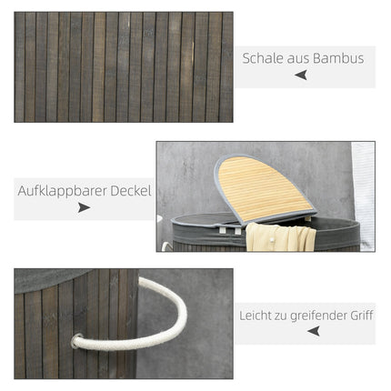 Bamboe wasmand met deksel 100L wasmand met handgrepen, 2 afneembare waszakken, wassorteerder, wasbox voor wasruimte, badkamer, slaapkamer, grijs