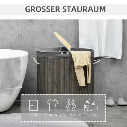 Bamboe wasmand met deksel 100L wasmand met handgrepen, 2 afneembare waszakken, wassorteerder, wasbox voor wasruimte, badkamer, slaapkamer, grijs
