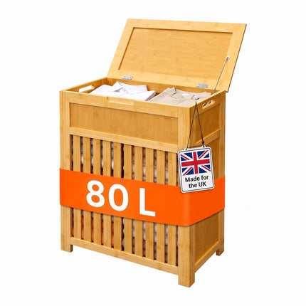 Bamboo Laundry Basket with Lid 80 L, Ventilated Slats, Natural
