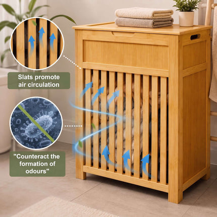 Bamboo Laundry Basket with Lid 80 L, Ventilated Slats, Natural
