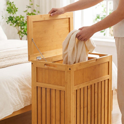 Bamboo Laundry Basket with Lid 80 L, Ventilated Slats, Natural