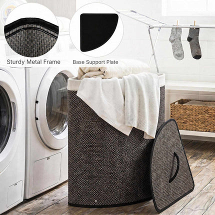 Bamboo Laundry Hamper 57 L with Lid and Removable Liner, Black, Foldable