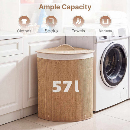 Bamboo Laundry Hamper 57 L with Lid and Removable Liner, Natural, Foldable