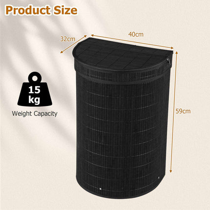 Bamboo Laundry Hamper 72 L with Zippered Lid and Liner, Black, Foldable