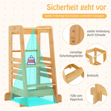 Bambus-Lernturm für Kinder, höhenverstellbar und mit Sicherheitsgeländern