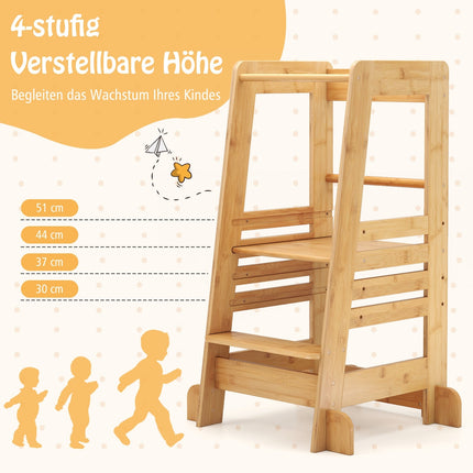 Bambus-Lernturm für Kinder, höhenverstellbar und mit Sicherheitsgeländern