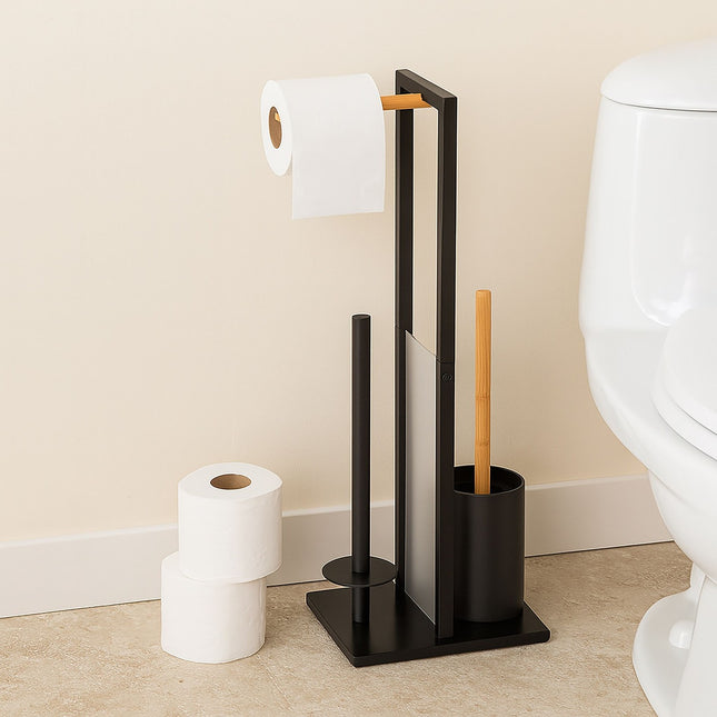 Bamboo & Metal Toilet Roll Holder with Brush Set