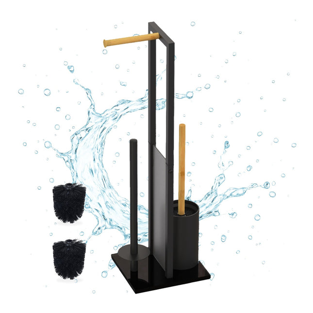 Bamboo & Metal Toilet Roll Holder with Brush Set