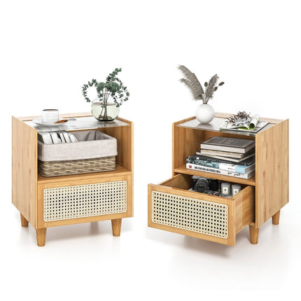 Bamboo Nightstand Set with Drawer, Hidden Storage, Natural