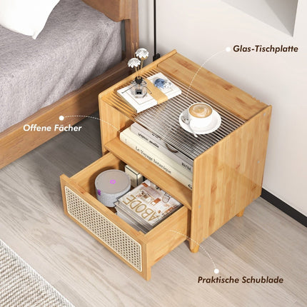 Bamboo Nightstand Set with Drawer, Hidden Storage, Natural