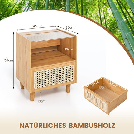 Bamboo Nightstand Set with Drawer, Hidden Storage, Natural