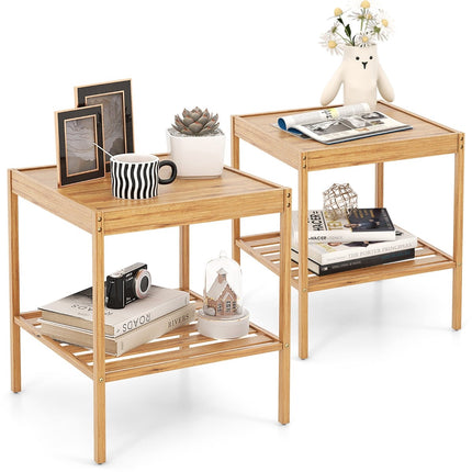 Bamboo Nightstands Set of 2, 2-Tier, 40x40x45 cm