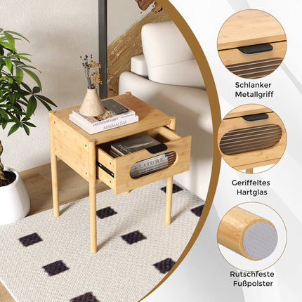 Bamboo Nightstand with Glass Drawer – Natural Finish