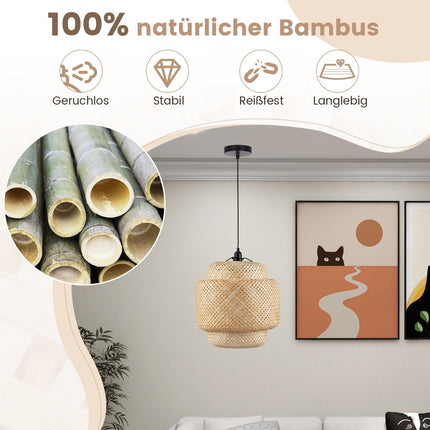 Bamboo Pendant Light, Handwoven Shade, E27 Base, Adjustable Height