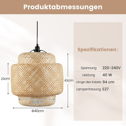 Bamboo Pendant Light, Handwoven Shade, E27 Base, Adjustable Height