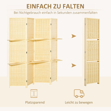 Raumteiler aus Bambus mit 2 Ablagen, faltbar, Natur