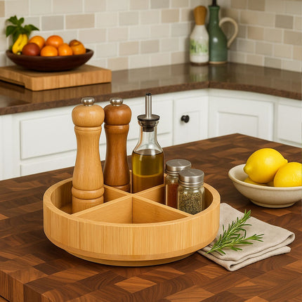Bamboo Rotating Tray – 4 Compartments, Kitchen & Bath
