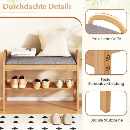 Bamboo Shoe Bench with Cushion, 2-Tier, 70x31.5x51 cm